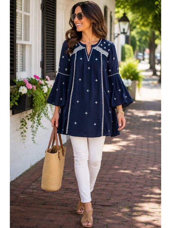 Umgee Tops - Umgee XL Navy Blue Embroidered Boho Tunic Bell Sleeve Peasant Blouse Cotton